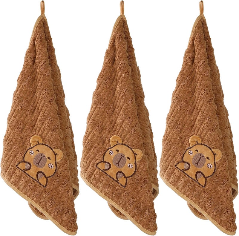 Bedvcaty Bathroom Towels Set - 3 Pack - 14 x 29 Inches Lightweight Small Extra-Absorbent Face Cloths and Soft Stripe Fingertip Towel for Bathroom, Guest Room, Children(Capybara Towel- 3Brown) - Image 1