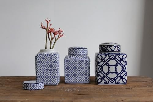 Creative Co-Op Blue & White Ceramic Ginger Jar with Lid - Image 2