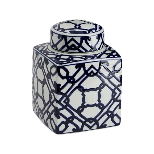 Creative Co-Op Blue & White Ceramic Ginger Jar with Lid - Image 1