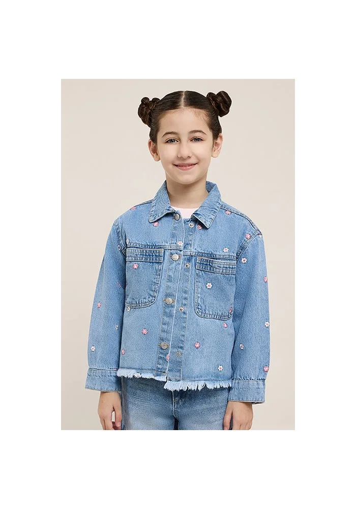 R&b Embroidered Denim Jacket with Button Closure
