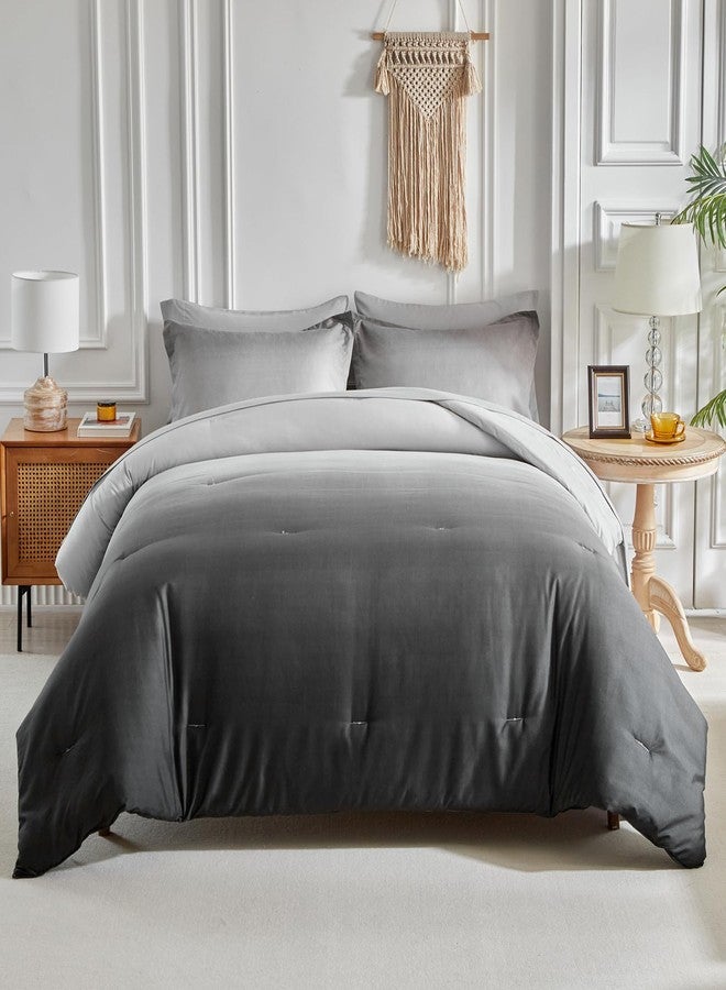 Tititada Black and Grey Gradient Comforter Set Queen Size 7 Pieces Elegant Ombre Bed in a Bag - Reversible All Season Bedding Set with Comforter, Flat Sheet, Fitted Sheet, 2 Pillowcases & 2 Pillow Shams - Image 1