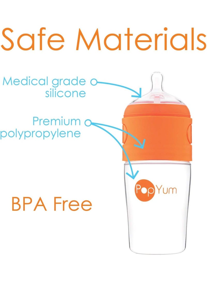 PopYum زجاجة حليب للأطفال PopYum سعة 9 أونصات برتقالية مضادة للمغص مع حلمة تدفق متوسط #2، 260 مل، خالية من BPA، قفل طبيعي - Image 2