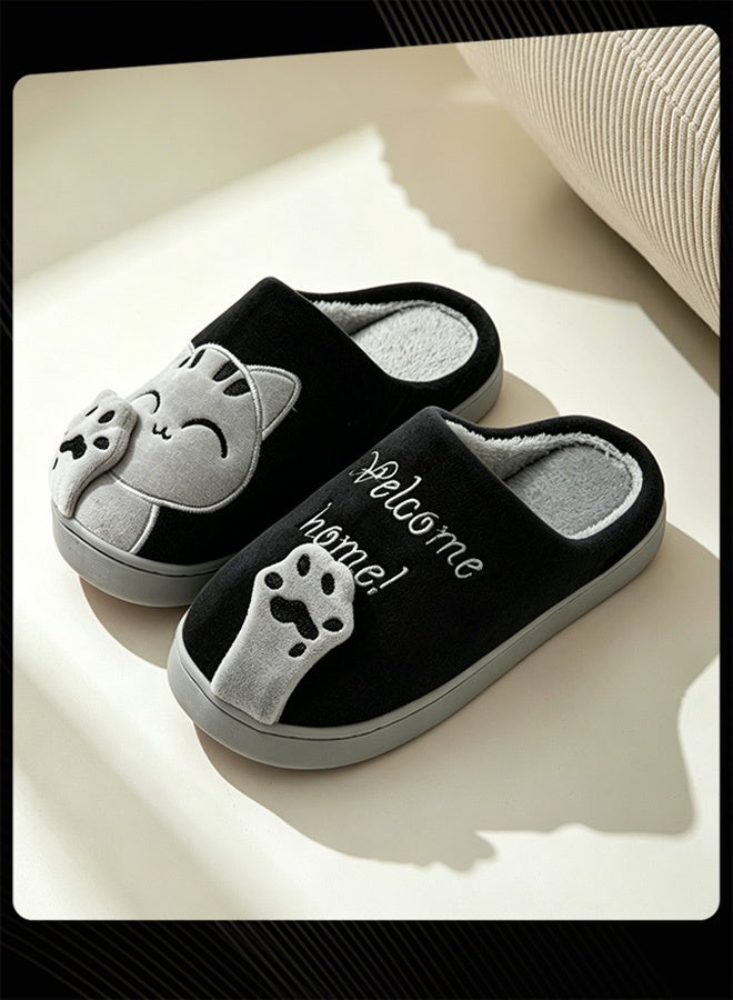 Joychic Winter Warm Bedroom Anti-Slip Slippers for Women & Men / Black with Grey Cat Design - Image 1