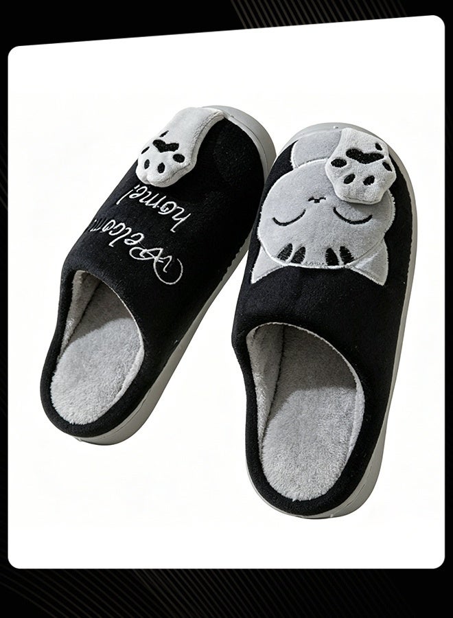 Joychic Winter Warm Bedroom Anti-Slip Slippers for Women & Men / Black with Grey Cat Design - Image 2