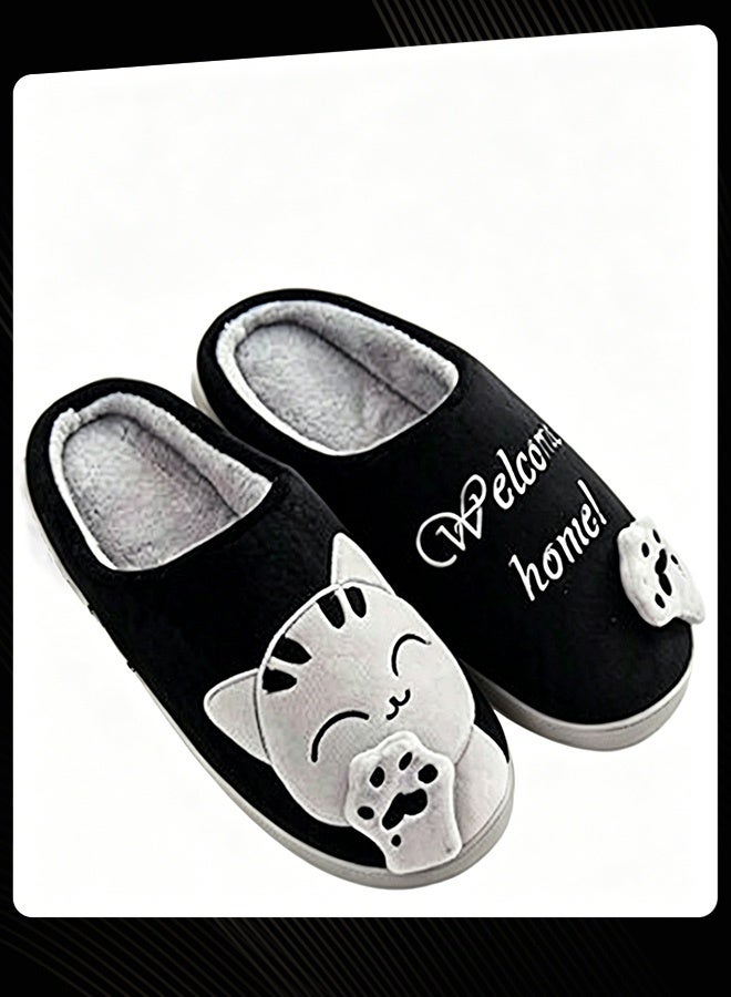Joychic Winter Warm Bedroom Anti-Slip Slippers for Women & Men / Black with Grey Cat Design - Image 3