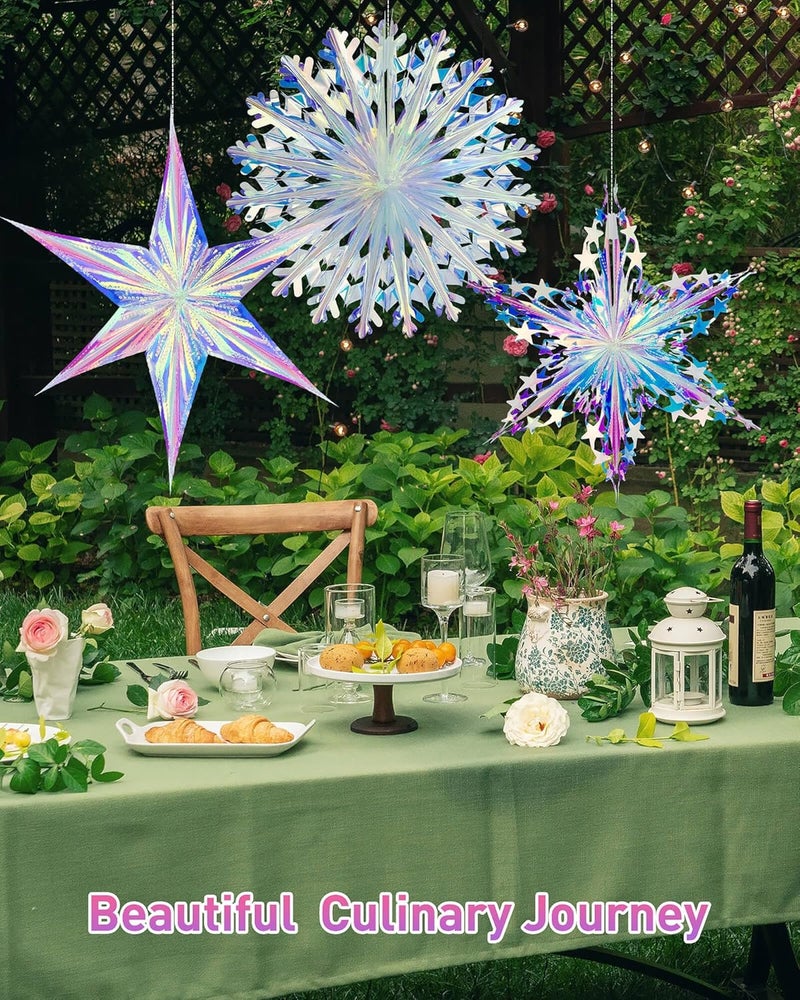 Vomika 3PCS Iridescent Decoration Ornaments Hanging Decorations, Iridescent Snowflakes Fan, Starry Snowflake, Hexagram Stars Garland for Home Decorations Wedding Birthday Christmas Parties, Vomika - Image 3