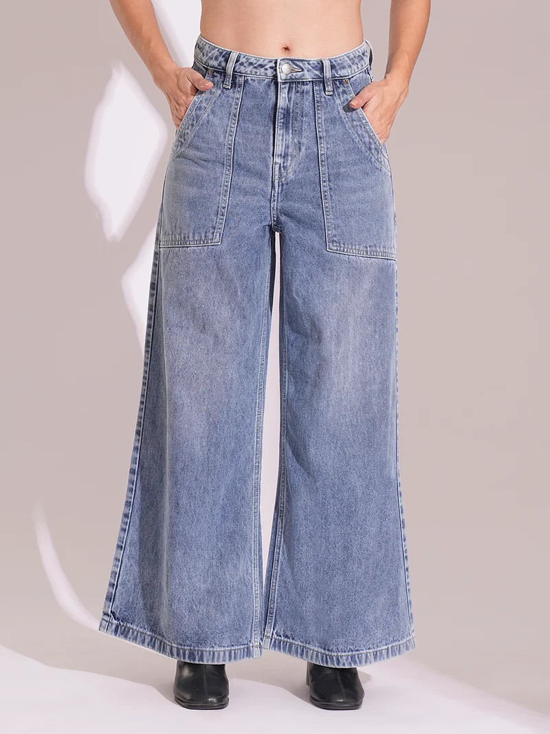 جلو باص جينز نسائي واسع الساق بخصر مرتفع وتأثير الشارب من القطن