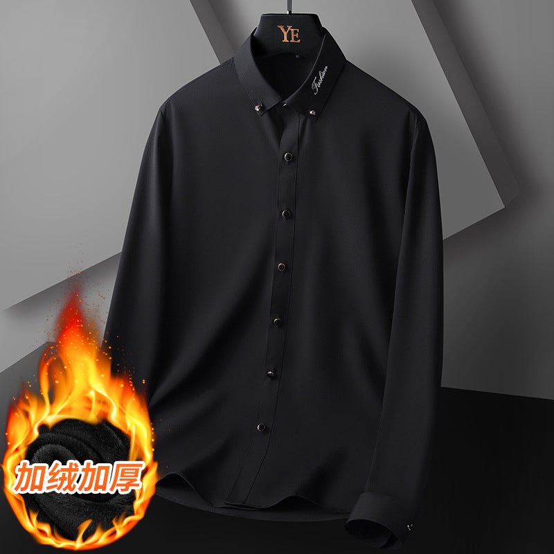 2024 Chaushen Winter New Business Embroidered Shirt High Dape Non-Ironing Fleece-Lined Thickened Shirt - Image 1