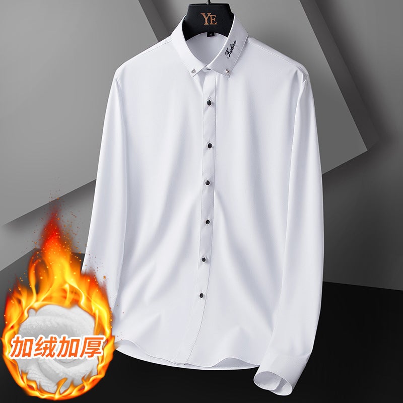 2024 Chaushen Winter New Business Embroidered Shirt High Dape Non-Ironing Fleece-Lined Thickened Shirt - Image 2