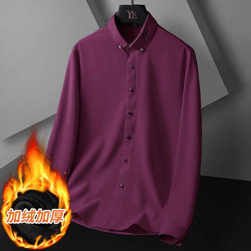 2024 Chaushen Winter New Business Embroidered Shirt High Dape Non-Ironing Fleece-Lined Thickened Shirt - Image 5