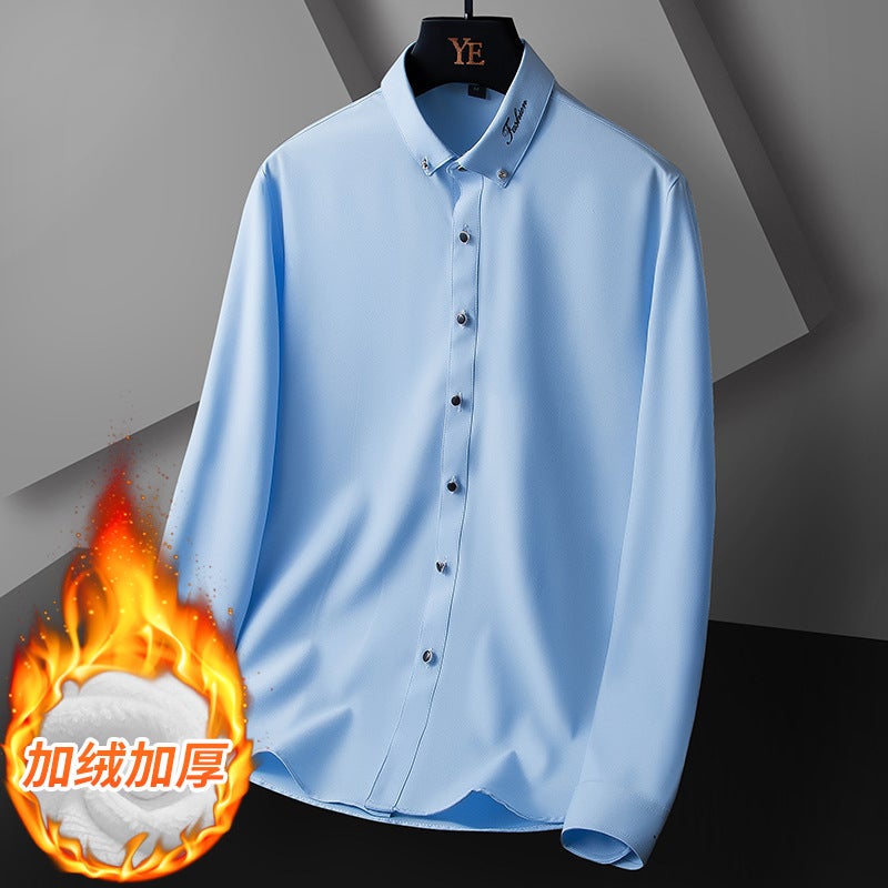 2024 Chaushen Winter New Business Embroidered Shirt High Dape Non-Ironing Fleece-Lined Thickened Shirt - Image 4