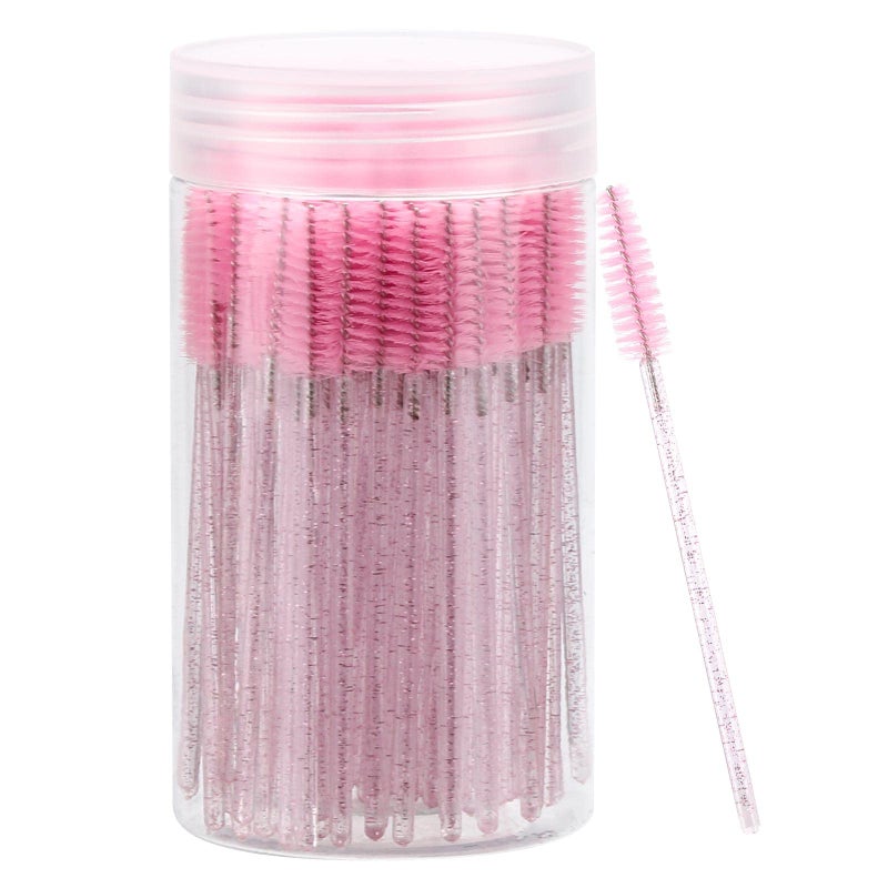 Tbestmax 100 Pcs Disposable Mascara Wands, Crystal Eyebrow Spoolies Brush for Eyelash Extensions, Pink Lash Brushes with Container - Image 1