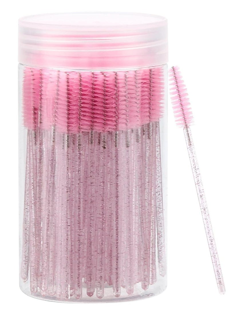 Tbestmax 100 Pcs Disposable Mascara Wands, Crystal Eyebrow Spoolies Brush for Eyelash Extensions, Pink Lash Brushes with Container  - Image 1