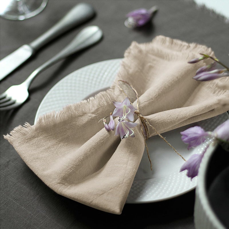 Ayuzawa Handmade Cloth Napkins 100% Cotton Napkins with Fringeï¼ŒDelicate Handmade Cloth Napkins for Dinners, Parties, Weddings and Moreï¼Œ18 x 18 Inch Set of 4 - Beige - Image 1