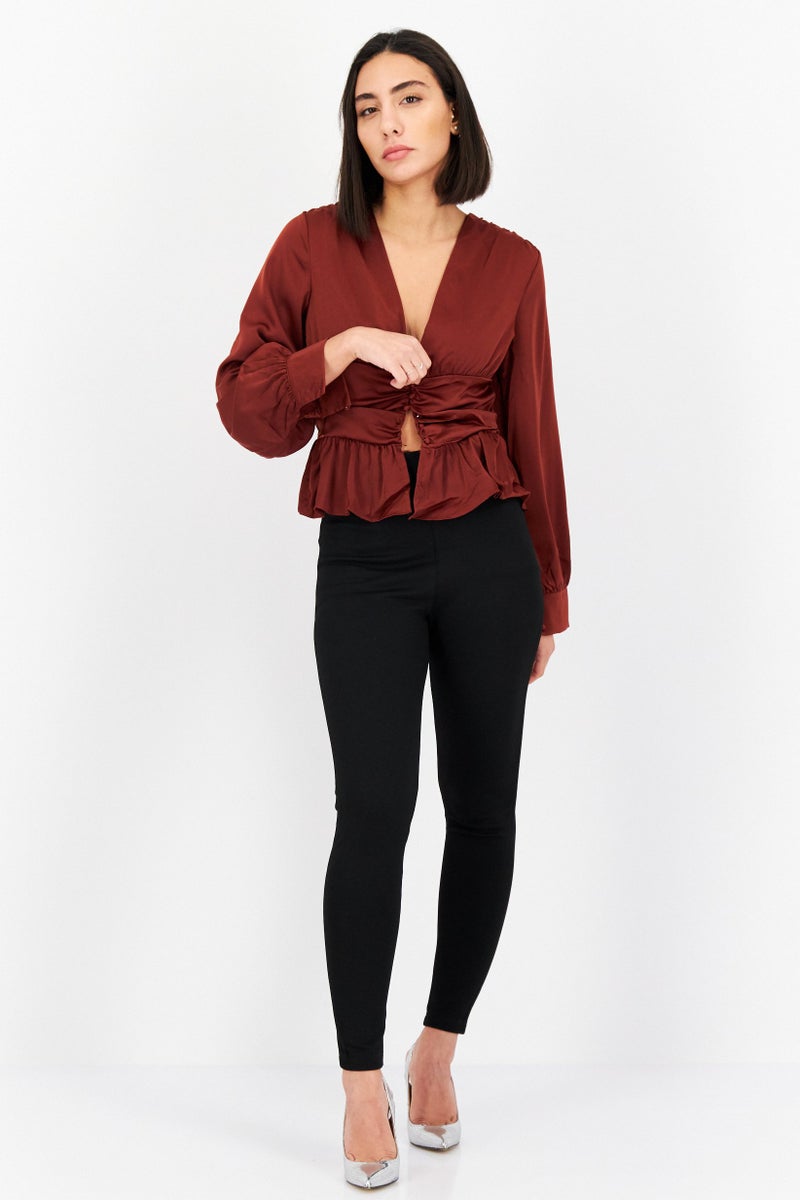 In the style بلوزة نسائية بأكمام طويلة وياقة غائرة، بني - Image 3