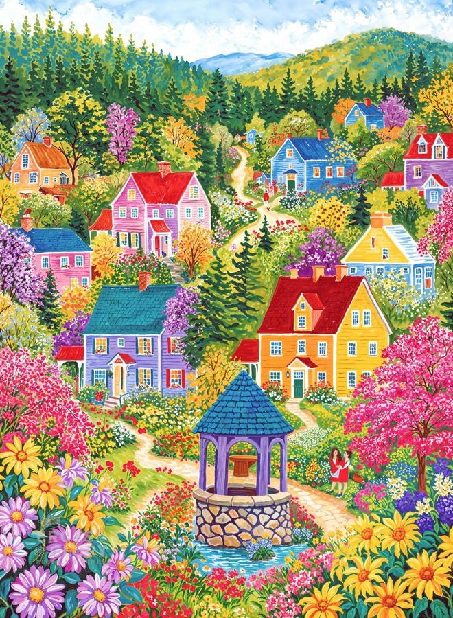Cross & Glory Sunshine at Wishing Well Lane - 1000 Piece Jigsaw Puzzle for Adults | Colourful New England Village Puzzle | Scenic Springtime Family Scene | Challenging and Relaxing - Image 1