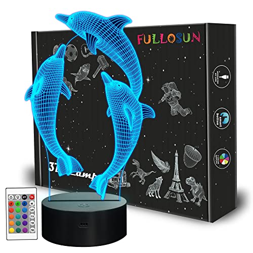 FULLOSUN Night Light for Kids Ocean Dolphin 3D Night Light Porpoise Bedside Lamp with Remote Control 16 Color Changing Xmas Halloween Birthday Gift for Child Baby Girl - Image 1