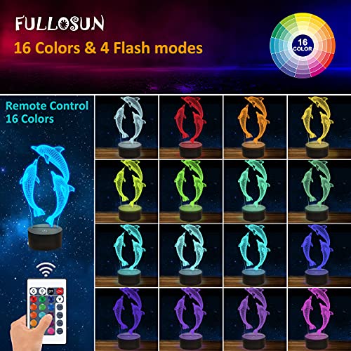 FULLOSUN Night Light for Kids Ocean Dolphin 3D Night Light Porpoise Bedside Lamp with Remote Control 16 Color Changing Xmas Halloween Birthday Gift for Child Baby Girl - Image 2
