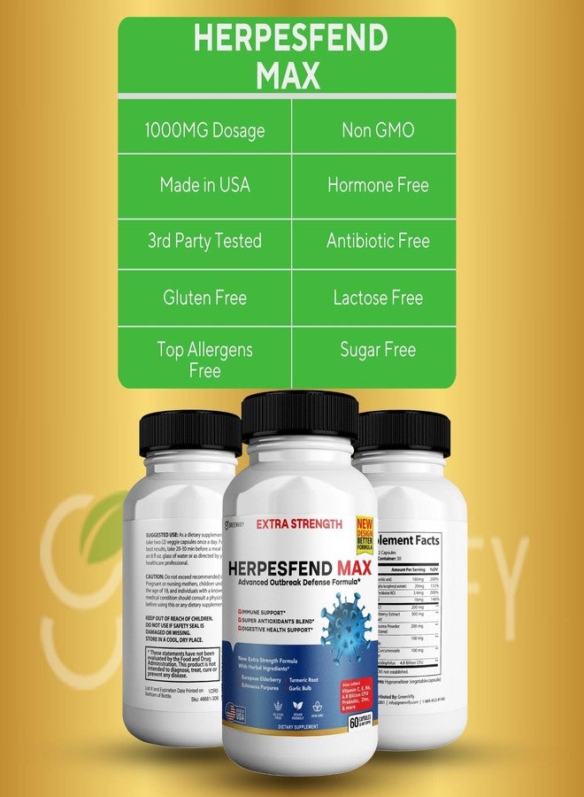 GREENVIFY HerpesFend Max, Extra Strength Advanced Defense Formula, 60 Capsules, with Elderberry, Echinacea, Turmeric, Garlic, Vitamins and Probiotics - Image 3