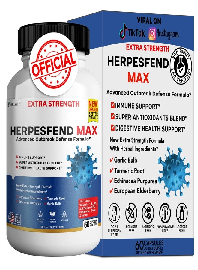 GREENVIFY HerpesFend Max, Extra Strength Advanced Defense Formula, 60 Capsules, with Elderberry, Echinacea, Turmeric, Garlic, Vitamins and Probiotics - Image 1