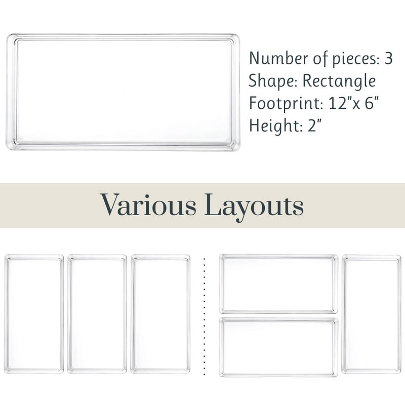 STORi SimpleSort 3-Piece Stackable Clear Drawer Organizer Set | 12" x 6" x 2" Rectangle Trays | Wide Makeup Vanity Storage Bins and Office Desk Drawer Dividers | Made in USA - Image 5