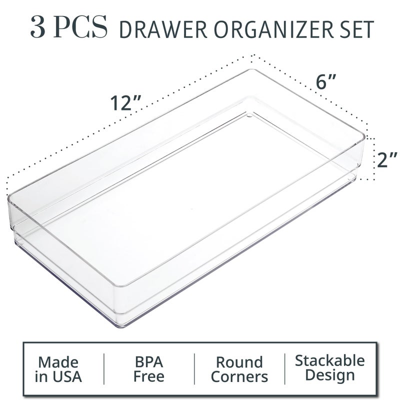 STORi SimpleSort 3-Piece Stackable Clear Drawer Organizer Set | 12" x 6" x 2" Rectangle Trays | Wide Makeup Vanity Storage Bins and Office Desk Drawer Dividers | Made in USA - Image 2