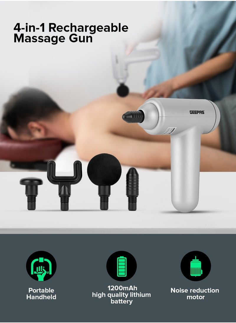 GEEPAS - Rechargeable 4 In 1  Massager With 60 Min. Working Time, 1200 mAH Battery, 6 Massage Intensity Levels, With USB Charging Cord, 4 Massage Heads Round, U-Shaped, Flat & Taper Head - Image 1