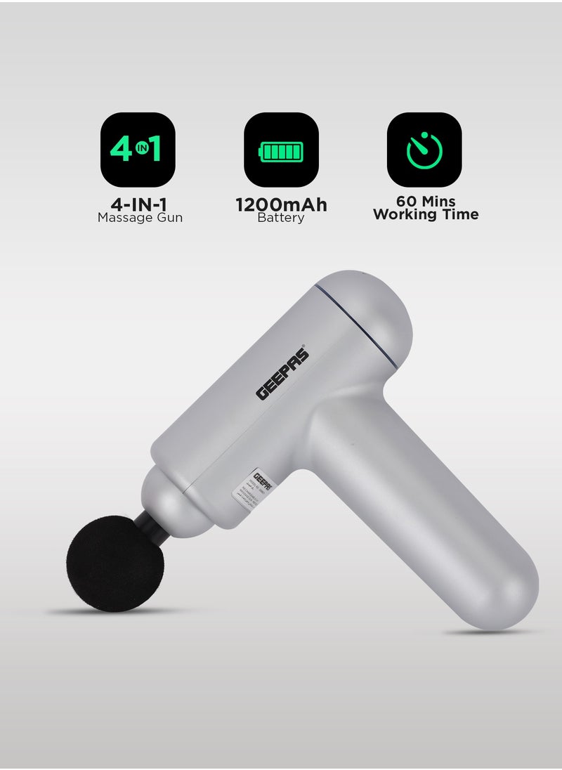 GEEPAS - Rechargeable 4 In 1  Massager With 60 Min. Working Time, 1200 mAH Battery, 6 Massage Intensity Levels, With USB Charging Cord, 4 Massage Heads Round, U-Shaped, Flat & Taper Head - Image 1