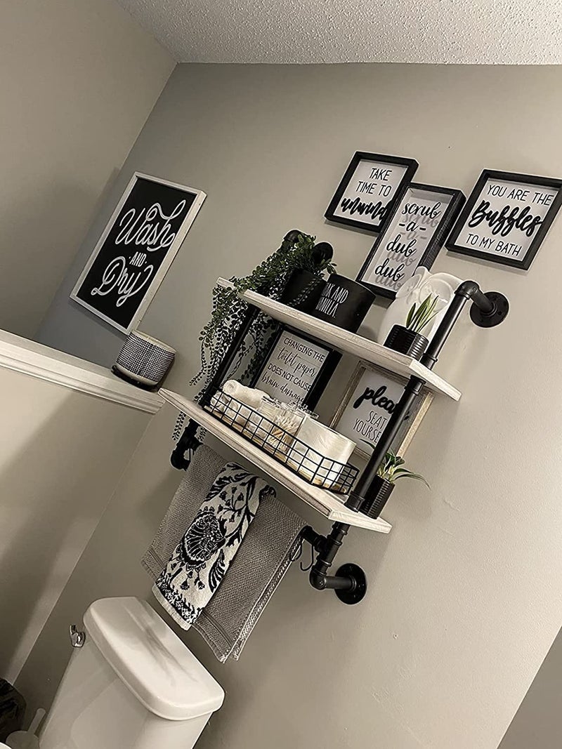 ROGMARS White Floating Shelves for Wall Bathroom 24 Inch,Industrial Pipe Shelving Wall Mounted Shelves with Towel Bar Hooks Coffee Bar Shelves Wine Hanging Display Rack Bookshelf Living Room Decor - Image 4