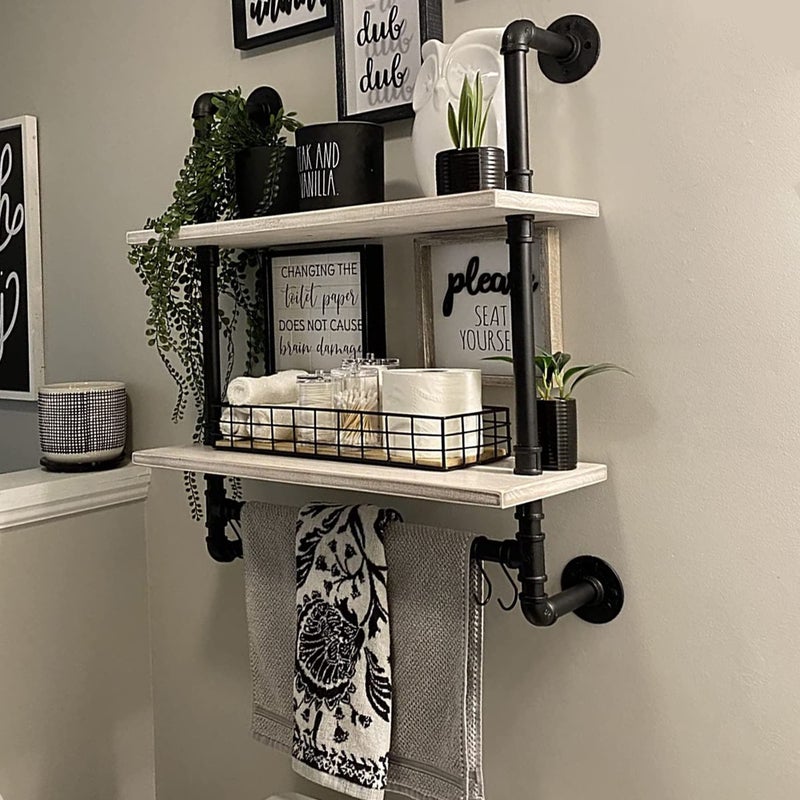 ROGMARS White Floating Shelves for Wall Bathroom 24 Inch,Industrial Pipe Shelving Wall Mounted Shelves with Towel Bar Hooks Coffee Bar Shelves Wine Hanging Display Rack Bookshelf Living Room Decor - Image 1