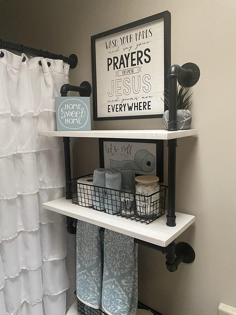ROGMARS White Floating Shelves for Wall Bathroom 24 Inch,Industrial Pipe Shelving Wall Mounted Shelves with Towel Bar Hooks Coffee Bar Shelves Wine Hanging Display Rack Bookshelf Living Room Decor - Image 2