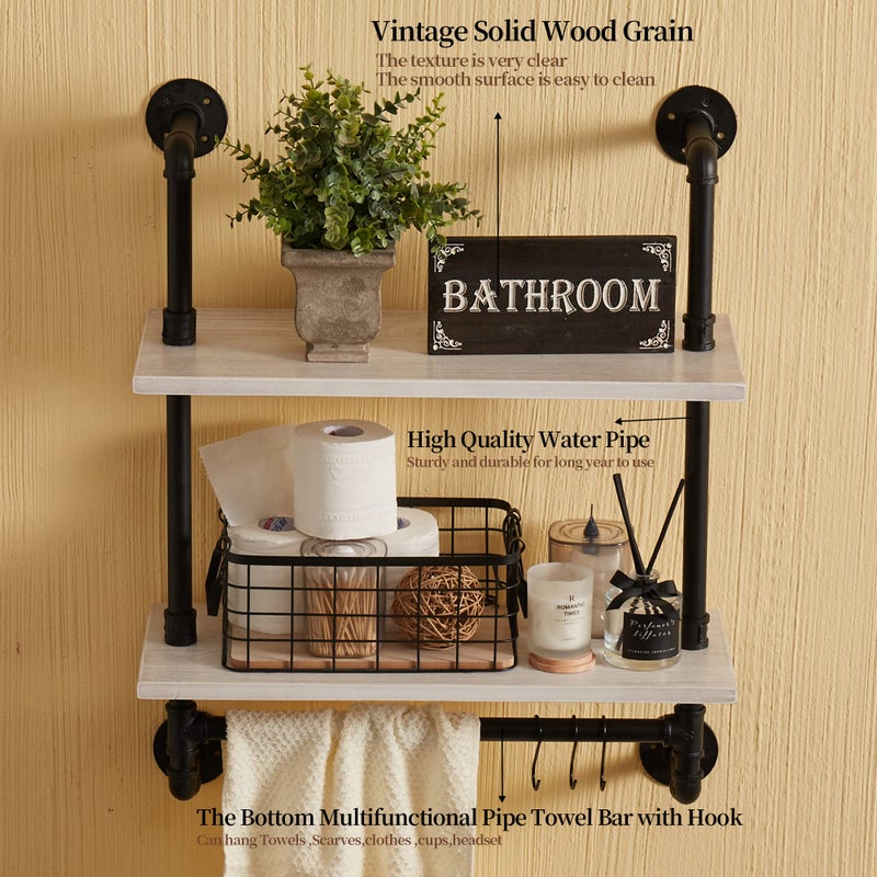 ROGMARS White Floating Shelves for Wall Bathroom 24 Inch,Industrial Pipe Shelving Wall Mounted Shelves with Towel Bar Hooks Coffee Bar Shelves Wine Hanging Display Rack Bookshelf Living Room Decor - Image 5