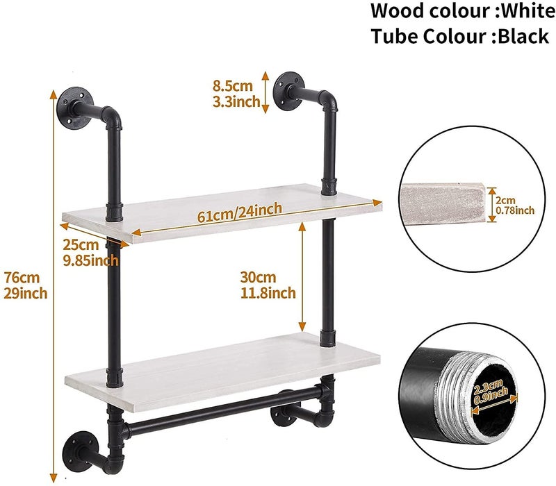 ROGMARS White Floating Shelves for Wall Bathroom 24 Inch,Industrial Pipe Shelving Wall Mounted Shelves with Towel Bar Hooks Coffee Bar Shelves Wine Hanging Display Rack Bookshelf Living Room Decor - Image 3