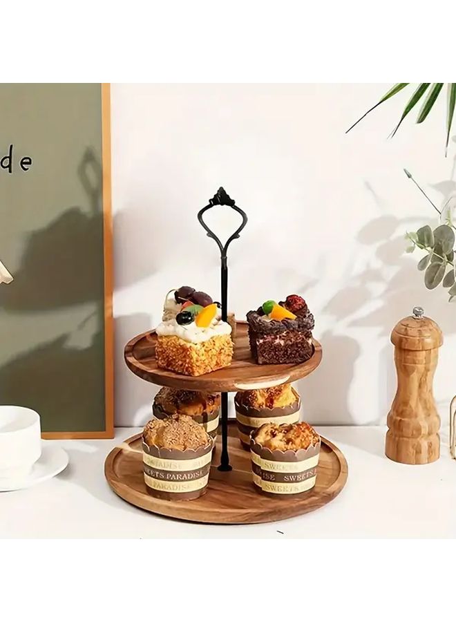 Double Layer Wood Cake Stand Black Two Tier Display For Weddings Birthdays - Image 4