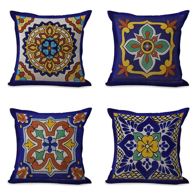 SET OF 4 LINEN THROW PILLOW COVERS SPANISH TALAVERA EXOTIC GEOMETRY DARK RETRO ETHNIC HOME DECORATIVE 16X16 FLAX PILLOW CASES CUSHION SQUARE PILLOWCASES