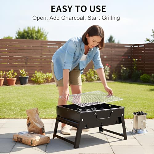 SHREESAMP BBQ Folding Portable Charcoal Barbeque Grill Stainless Steel Strong And Durable Easy To Cook Outdoor BBQ For Camping Picnic Beach Party Travel Free Standing Grill For Meat Kebab Vegetables - Image 3