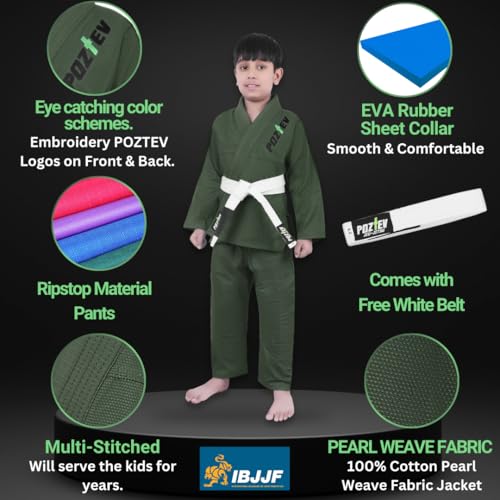 POZTEV Kids Brazilian Jiu Jitsu Gi For Kids BJJ Gi Youth Grappling Kimonos Preshrunk Lightweight Children Martial Arts Training Uniform With Free White Belt (MG,K4) - Image 2