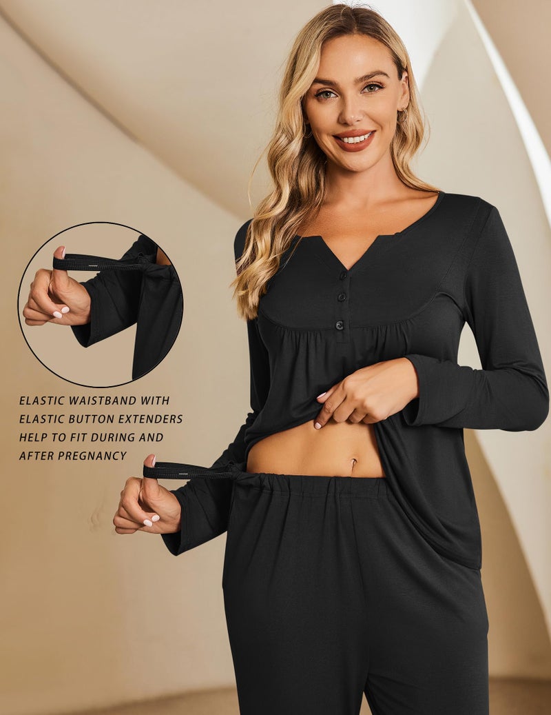 Ekouaer Maternity Nursing Pajama Sets Labor Delivery Pjs Long Sleeve Breastfeeding Pajamas Pregnancy Sleepwear Set Black S - Image 2