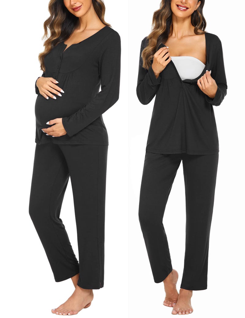Ekouaer Maternity Nursing Pajama Sets Labor Delivery Pjs Long Sleeve Breastfeeding Pajamas Pregnancy Sleepwear Set Black S - Image 1