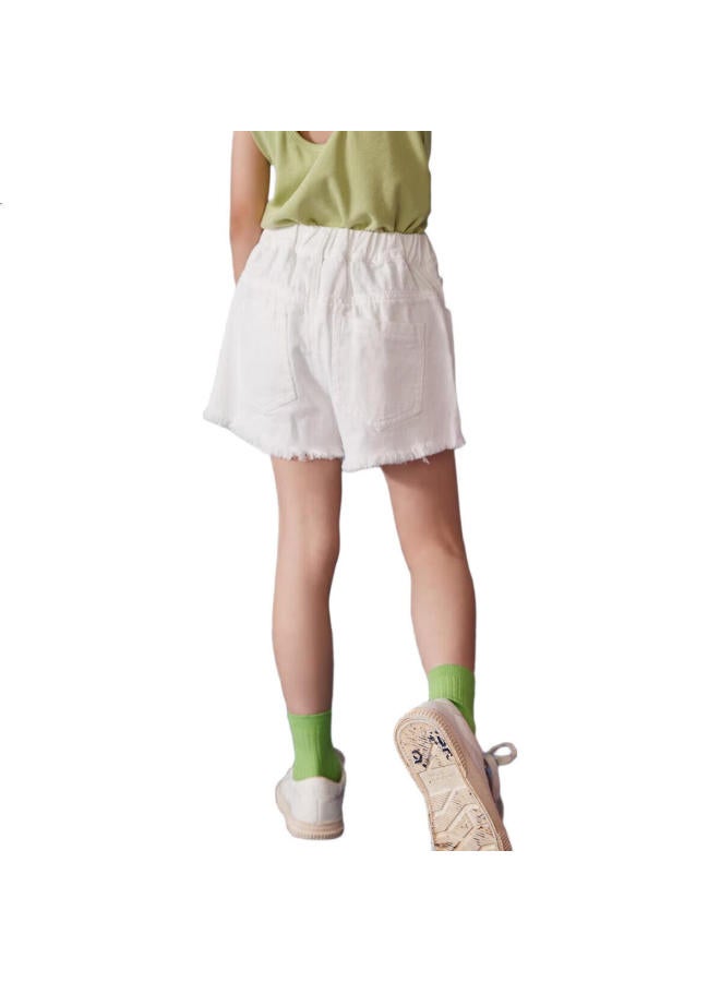 Ask Junior Girls' Pants, Summer Thin Style, Children'S Pants With Frayed Hem, Casual Denim Shorts, Trendy, White, Size 140 - Image 1