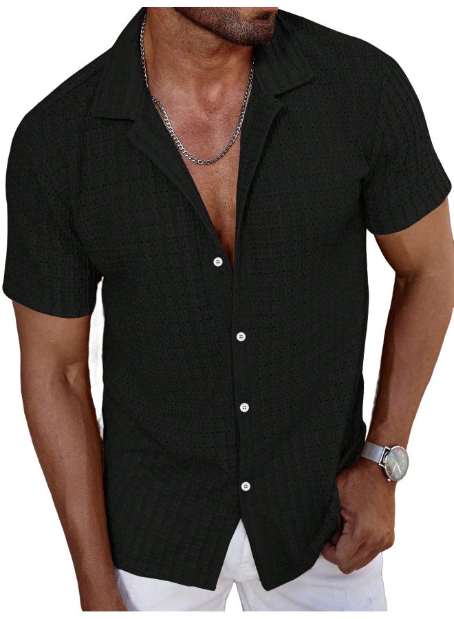 European And American Men's Summer Large Size Lapel Button Short Sleeve Breathable Hole Casual Textured Shirt