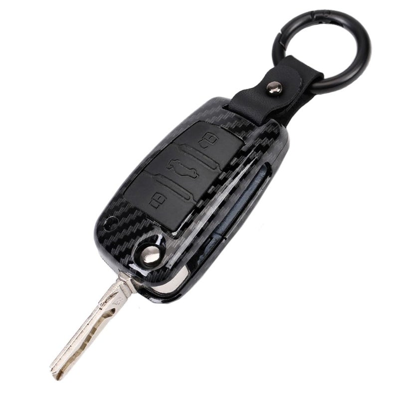 SANRILY Carbon Fiber Pattern Key Fob Cover Case for Audi A3 A6 Q3 Q7 S6 Keyless Entry Key Holder Folding Flip Key Protector Shell with Keychain Black