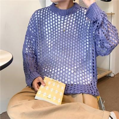 Hollow-out Fishnet Top Thick Line Pullover Knitted Sweater Mens and Womens Same Style Internet Popular Trendy Brand Ins Korean Style Top Purple  - Image 1