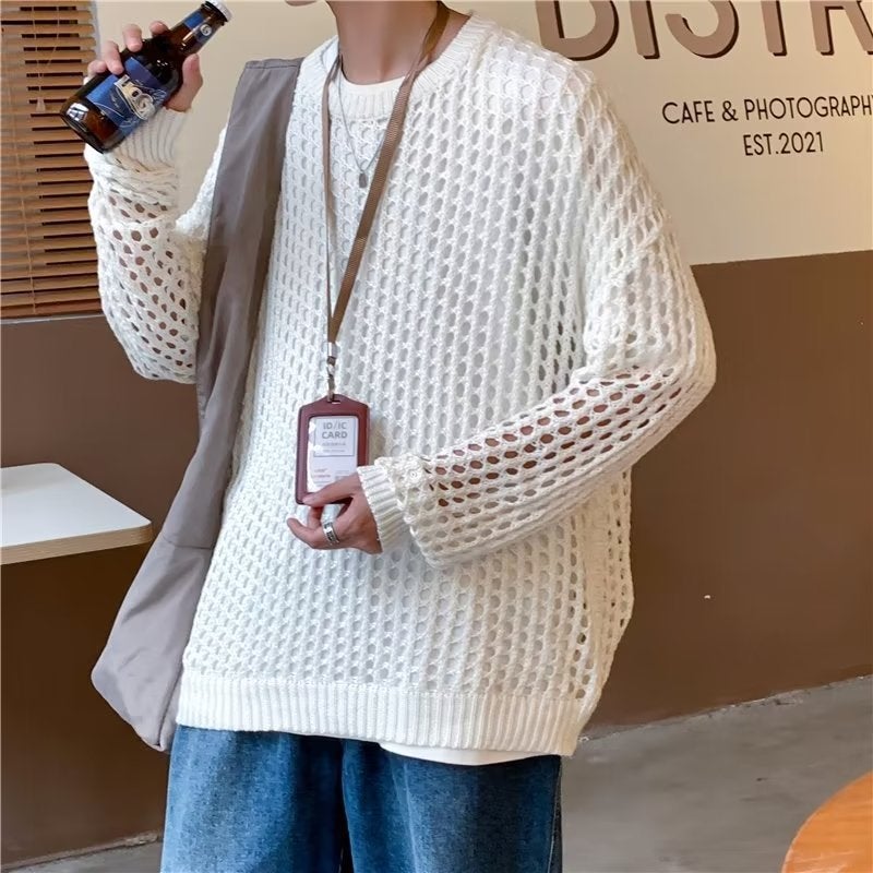 Hollow-out Fishnet Top Thick Line Pullover Knitted Sweater Mens and Womens Same Style Internet Popular Trendy Brand Ins Korean Style Top Purple  - Image 3