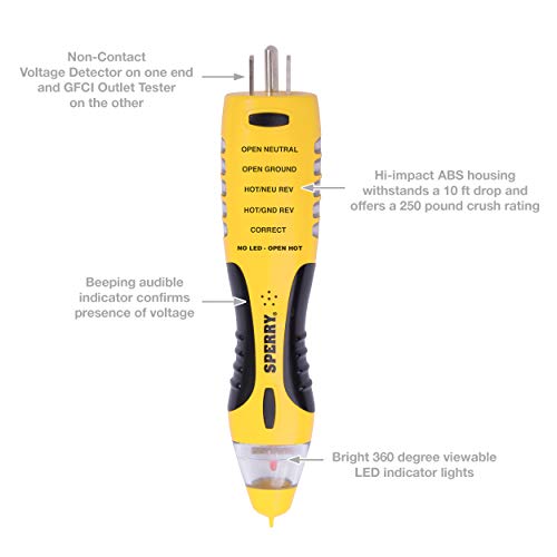 Sperry Instruments VD7504GFI DualCheck 2-in-1 Non-Contact Voltage Detector + GFCI Outlet Circuit Analyzer, 360° Visual & Audible Indicators, 50-1000V AC, 250 lb. Crush Rating - Image 3