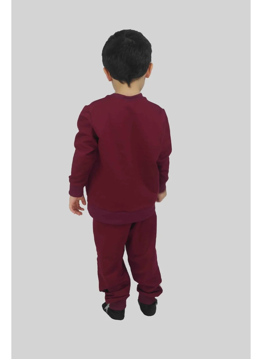 Bluence Boy's Printed Claret Red Cotton Tracksuit Set