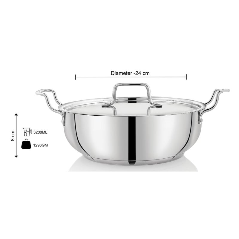 DONIV DONIV Majestic Stainless Steel Sandwich Bottom Kadai with Lid, 24 cm/3.2 LTR Capacity, Heavy Bottom & Side Handles, Kadai for Cooking, Induction & Gas Base, ISI Certified, 5 Years Warranty, Pack of 1 - Image 3