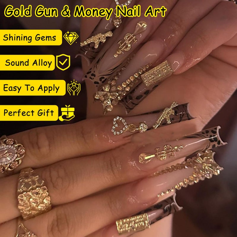ZUMILLMN 58PCS 3D Nail Charms - Gold Alloy Dollar, Gun, Virgin Mary,Cron & Cross Charms, Shiny Nail Rhinestones for Nail Art, Manicure, DIY Jewelry Making - Image 2