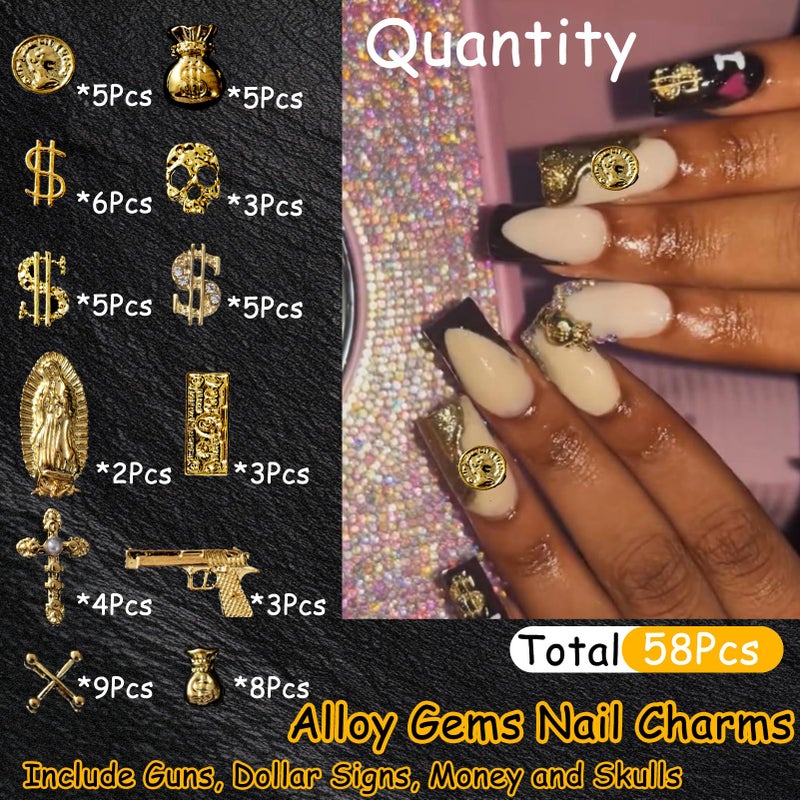 ZUMILLMN 58PCS 3D Nail Charms - Gold Alloy Dollar, Gun, Virgin Mary,Cron & Cross Charms, Shiny Nail Rhinestones for Nail Art, Manicure, DIY Jewelry Making - Image 3
