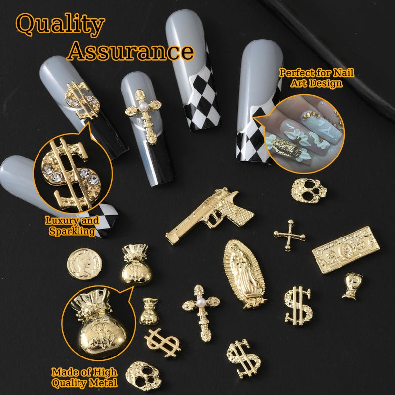 ZUMILLMN 58PCS 3D Nail Charms - Gold Alloy Dollar, Gun, Virgin Mary,Cron & Cross Charms, Shiny Nail Rhinestones for Nail Art, Manicure, DIY Jewelry Making - Image 5
